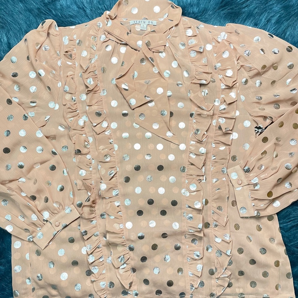 Mauve/Silver Sheer Long Sleeve Polka Dot Neck Tie Blouse - Picture 11 of 15
